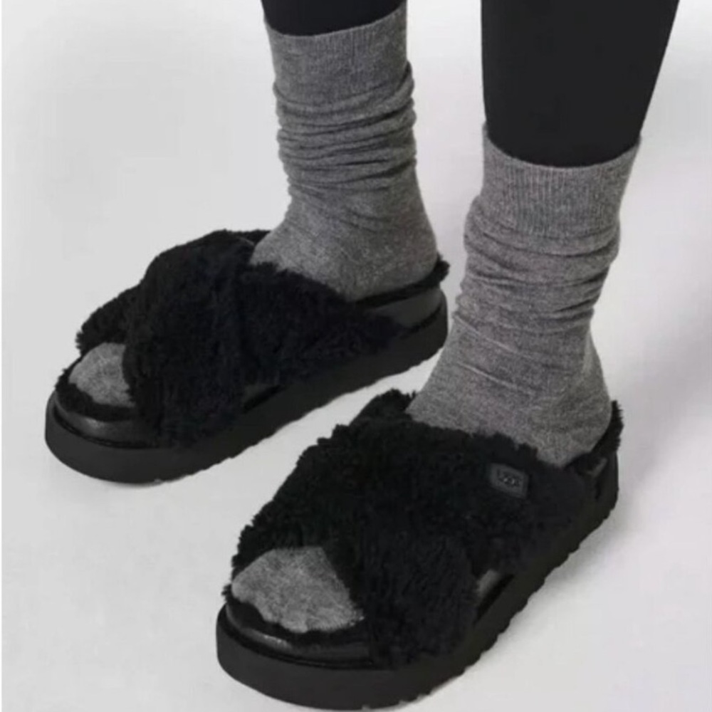 Ugg Fuzz Sugar Cross Slide Black Platform Slippers Sherpa 6